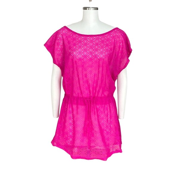 Blu Pepper Dresses & Skirts - BLU Cover Up Tunic Dress Womens  Hot Pink Crochet Lace Drawstring Waist